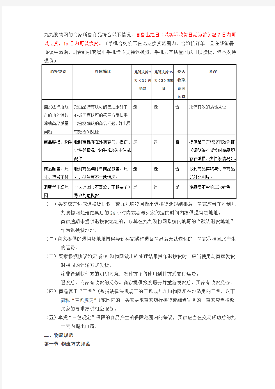 退换货规则