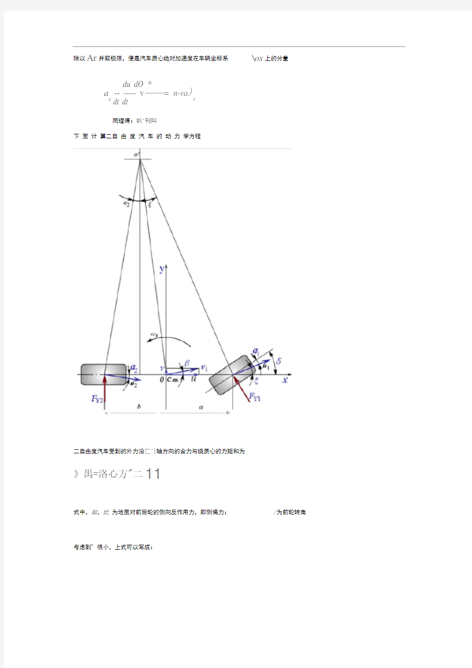 线性二自由度汽车模型的运动微分方程