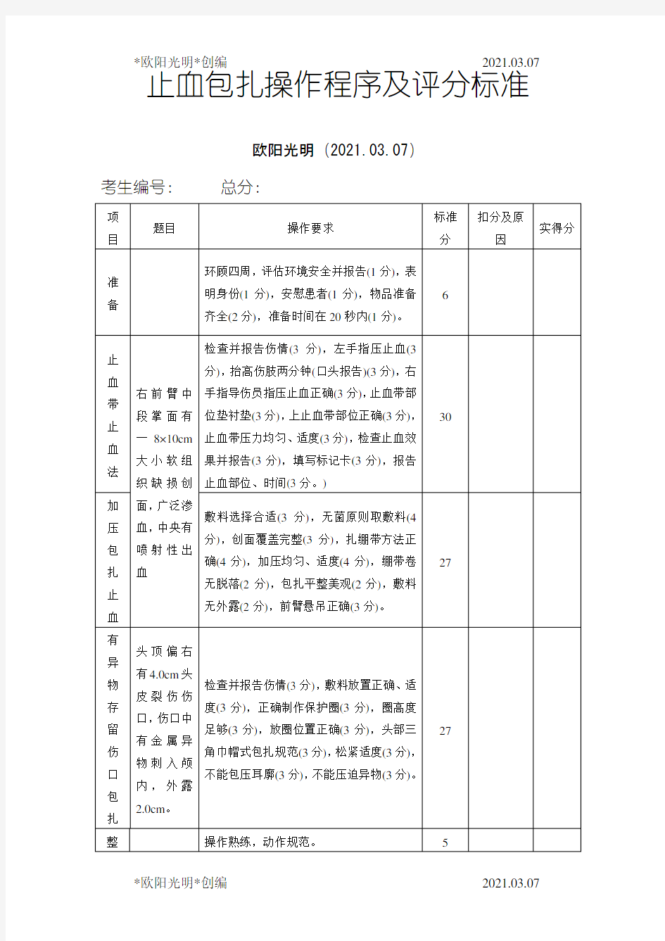 2021年止血包扎操作程序及评分标准