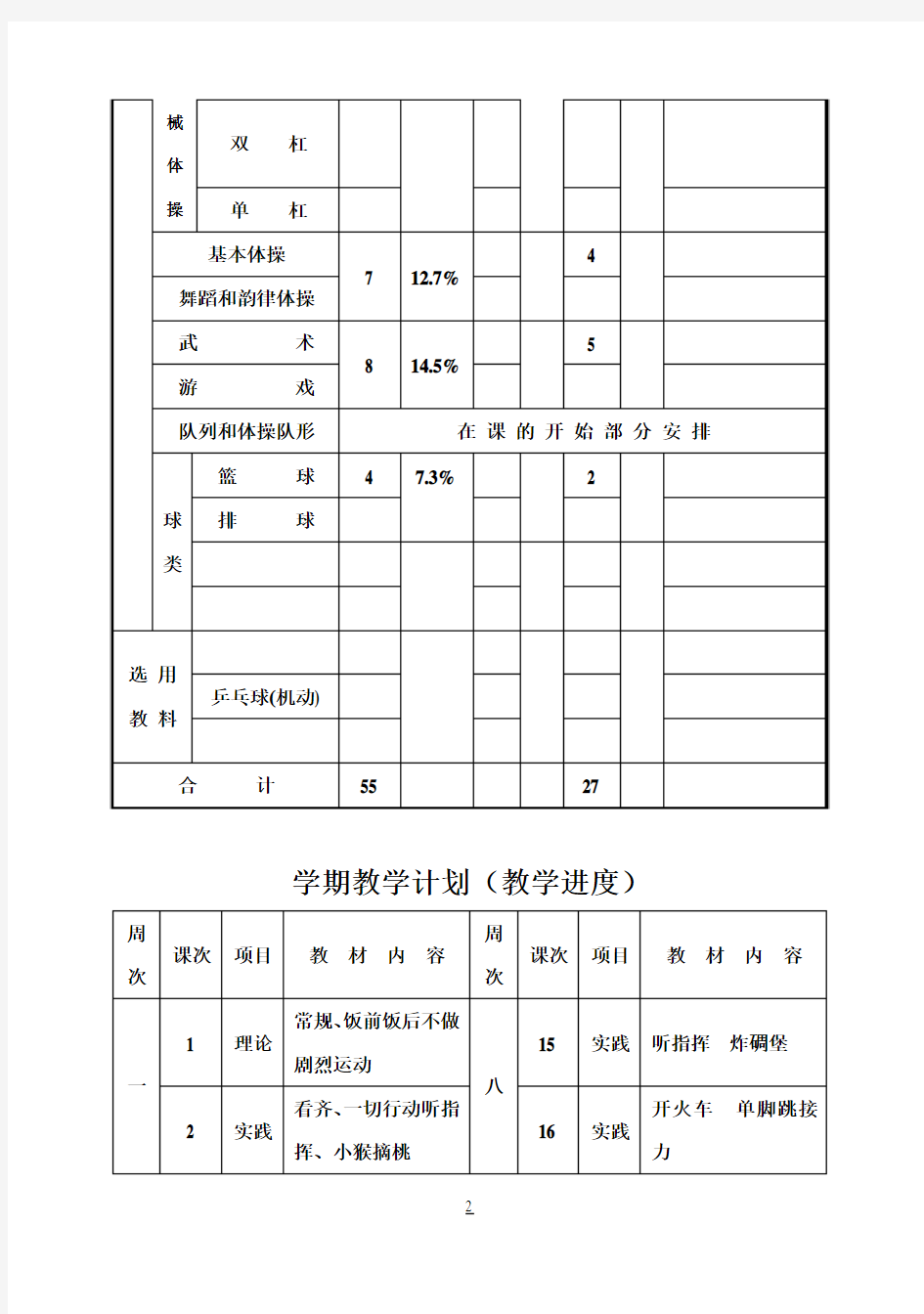 小学二年级下体育教案