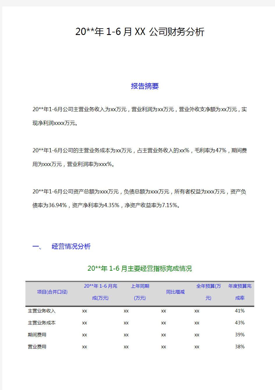 (年度报告)半年度财务分析报告模板