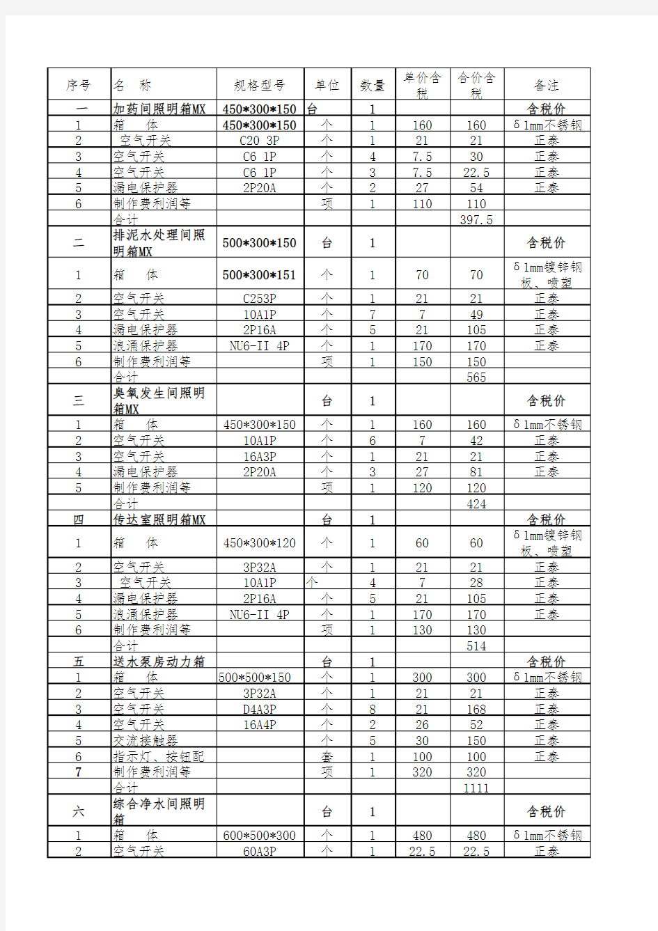 成套配电箱报价单