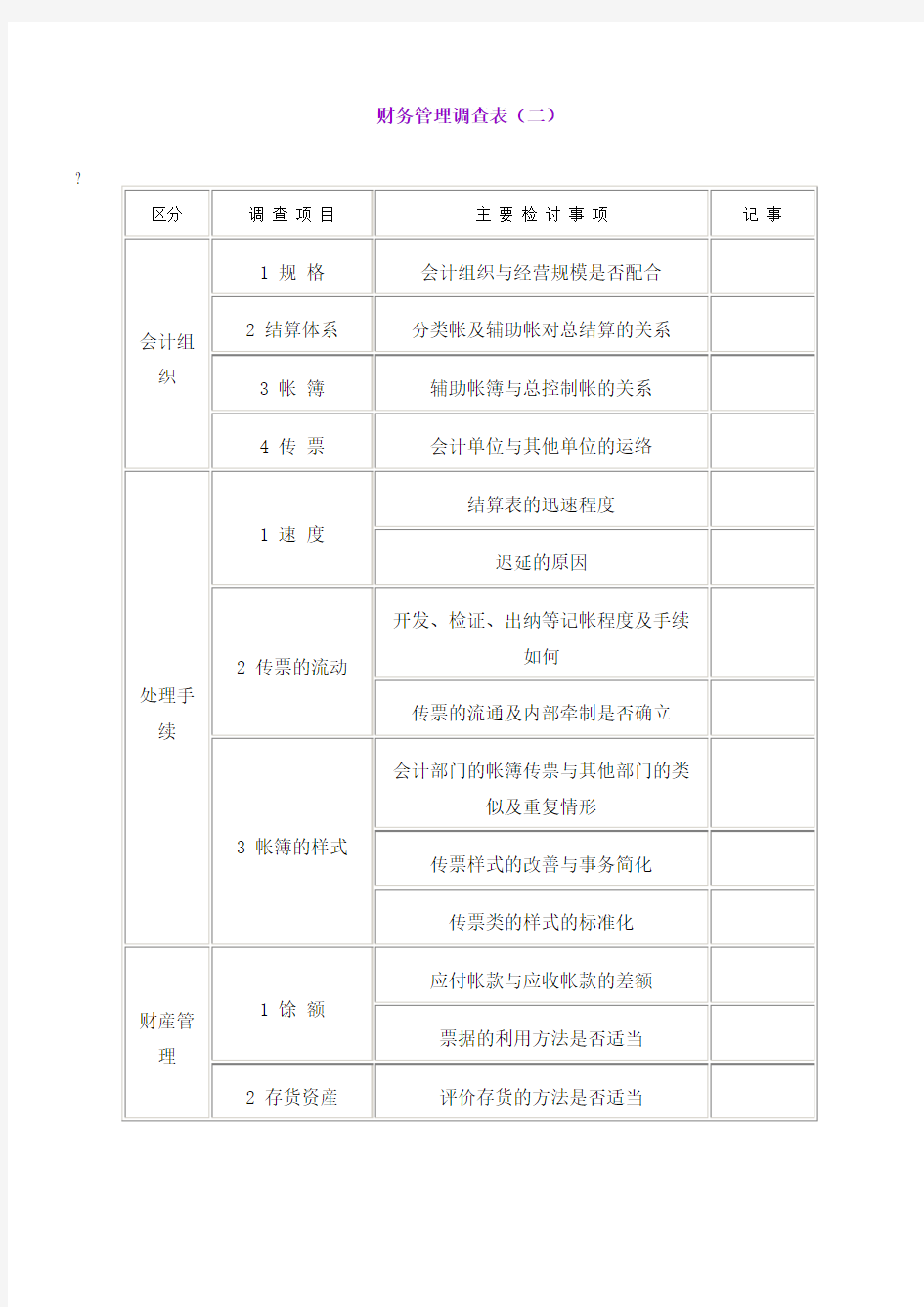 财务管理调查表二表格格式完整版