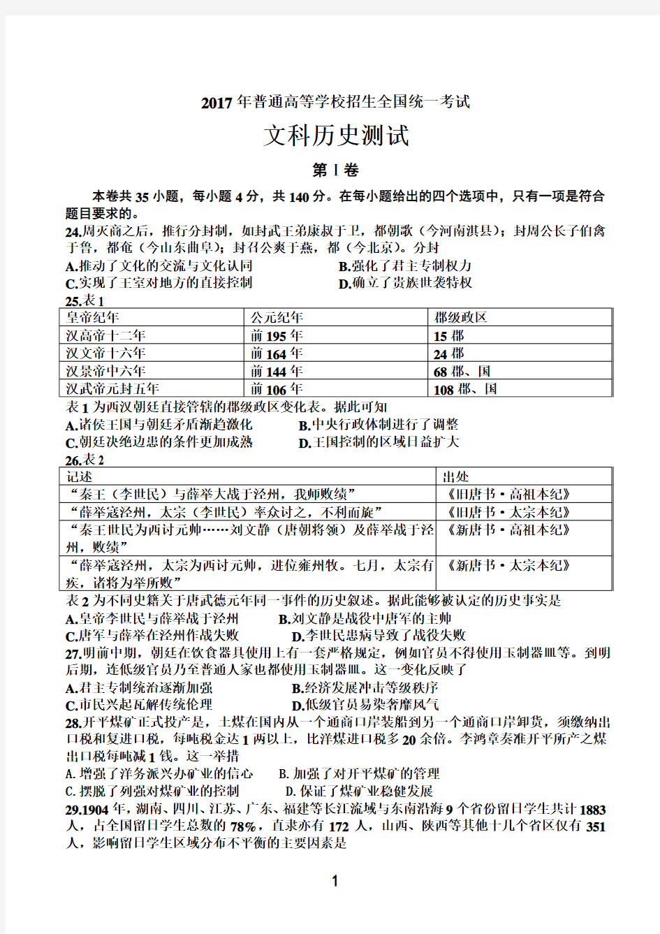 2017全国一卷历史试题