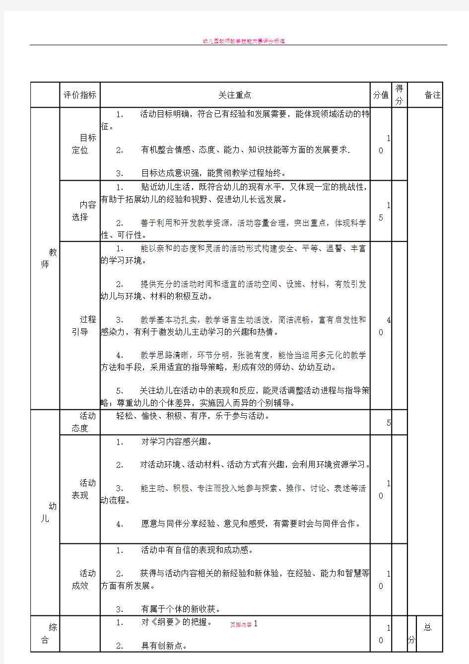 幼儿园教师教学活动评价标准