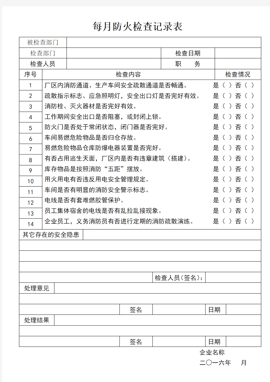 每月防火检查记录表