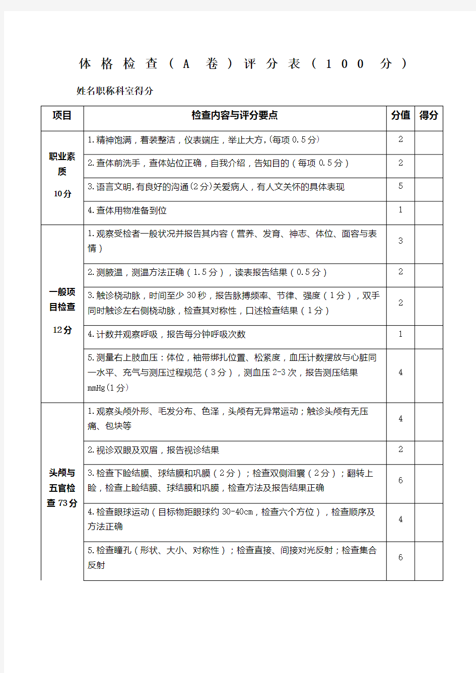 体格检查评分表(三基)