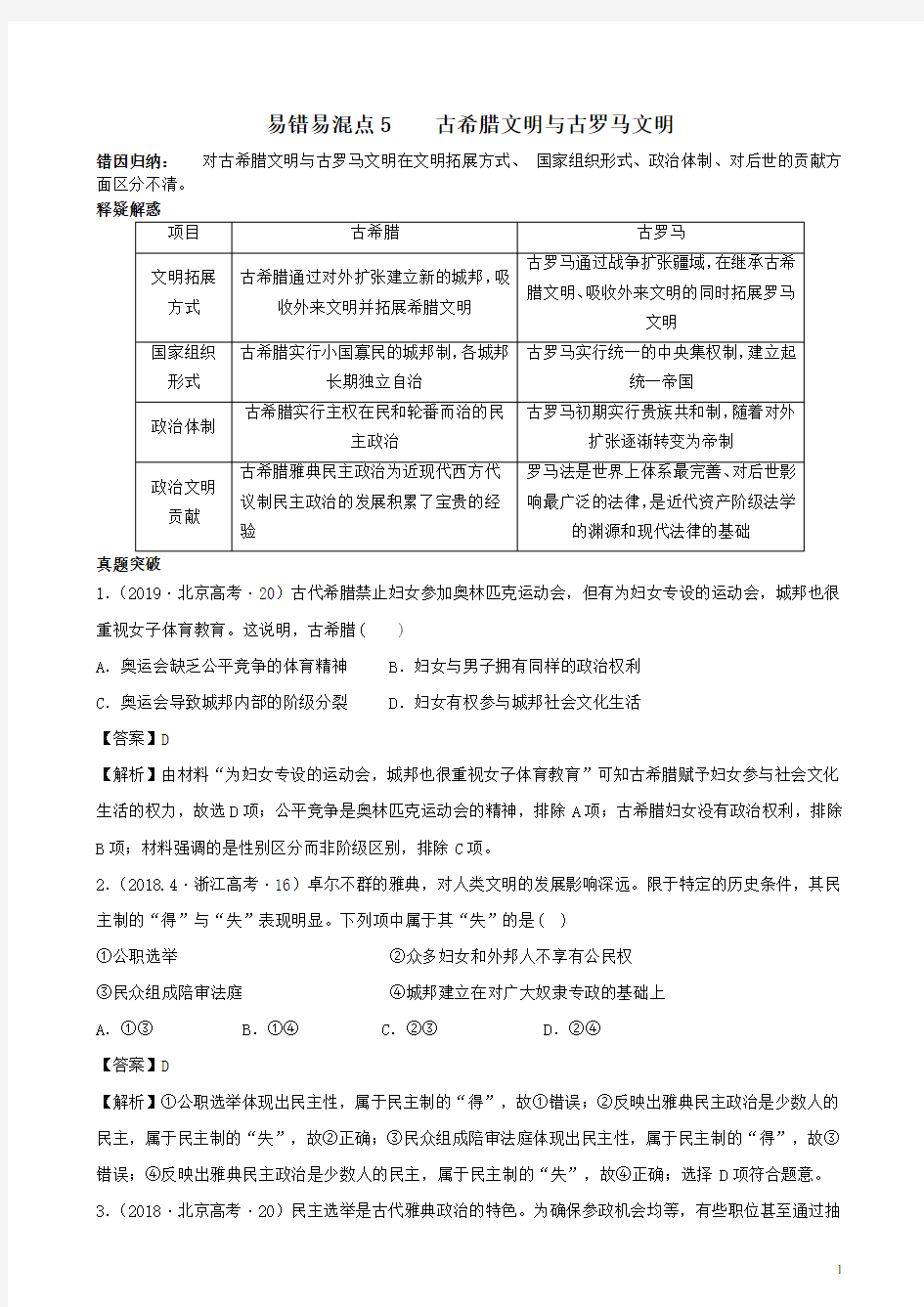 二轮复习：易错易混专题5 古希腊文明与古罗马文明(作业)