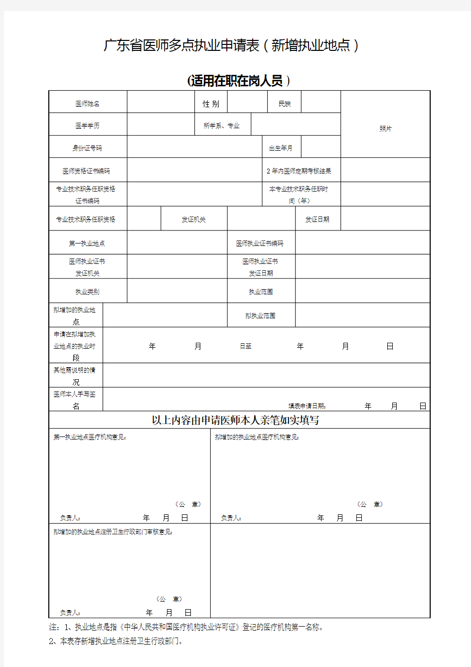 广东省医师多点执业申请表