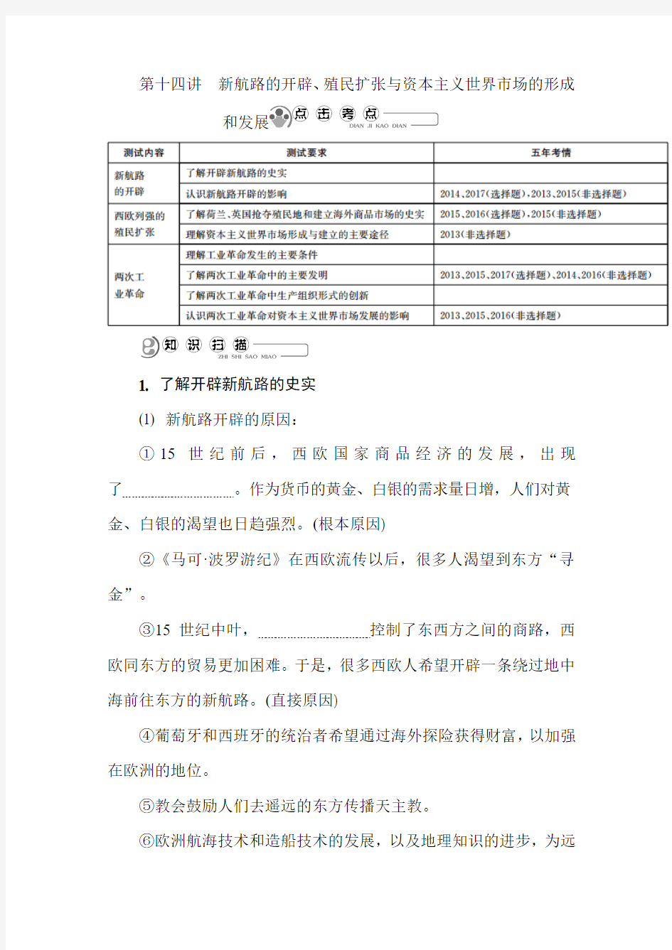 2019年江苏高考历史必修二精品复习讲义：第十四讲 新航路的开辟、殖民扩张与资本主义世界市场的形成和发展