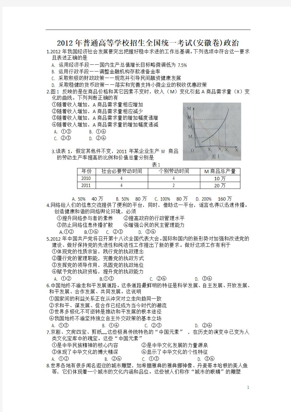 2012安徽高考文综试题政治部分及答案