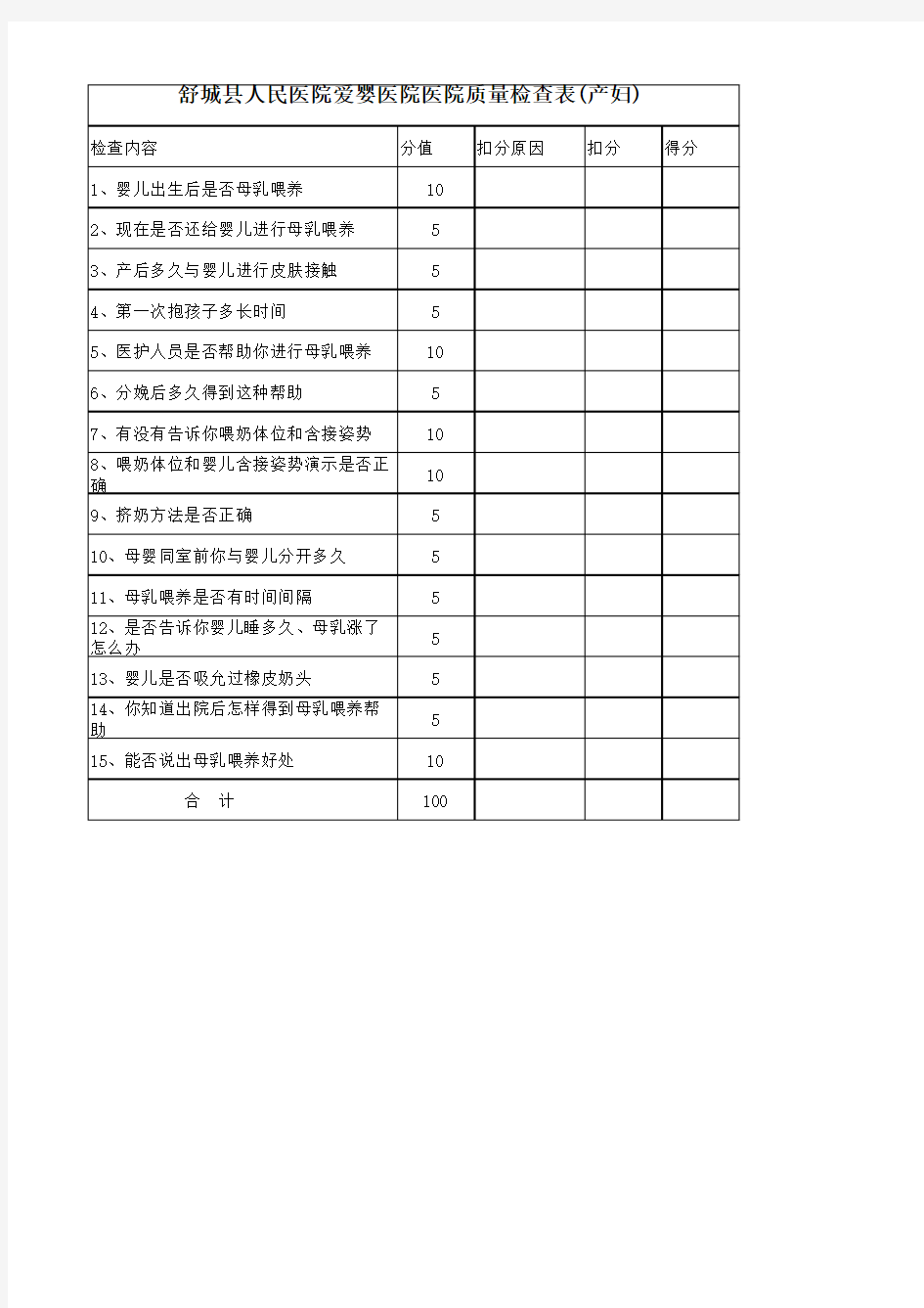 爱婴医院质量检查表