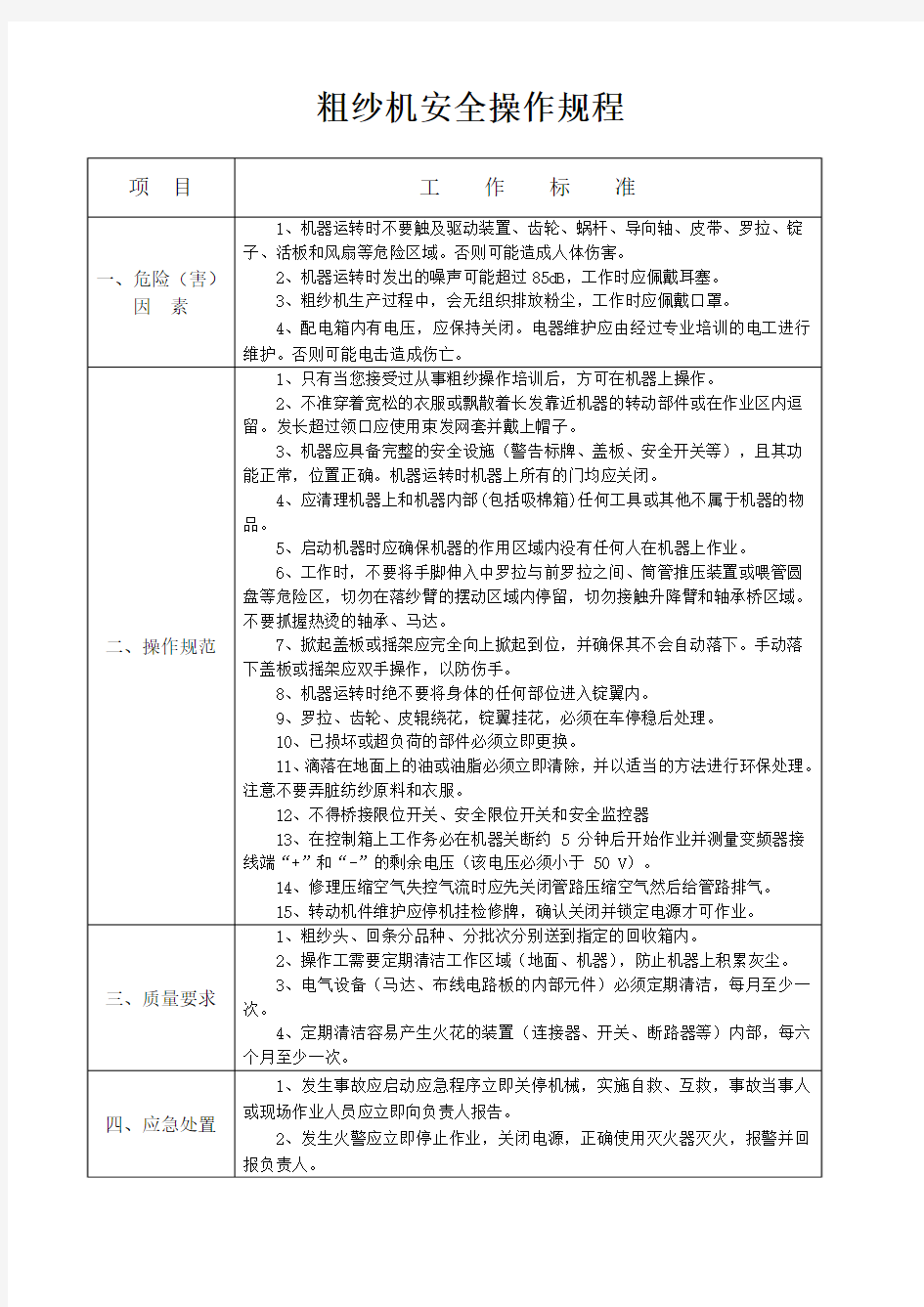 粗纱机安全操作规程