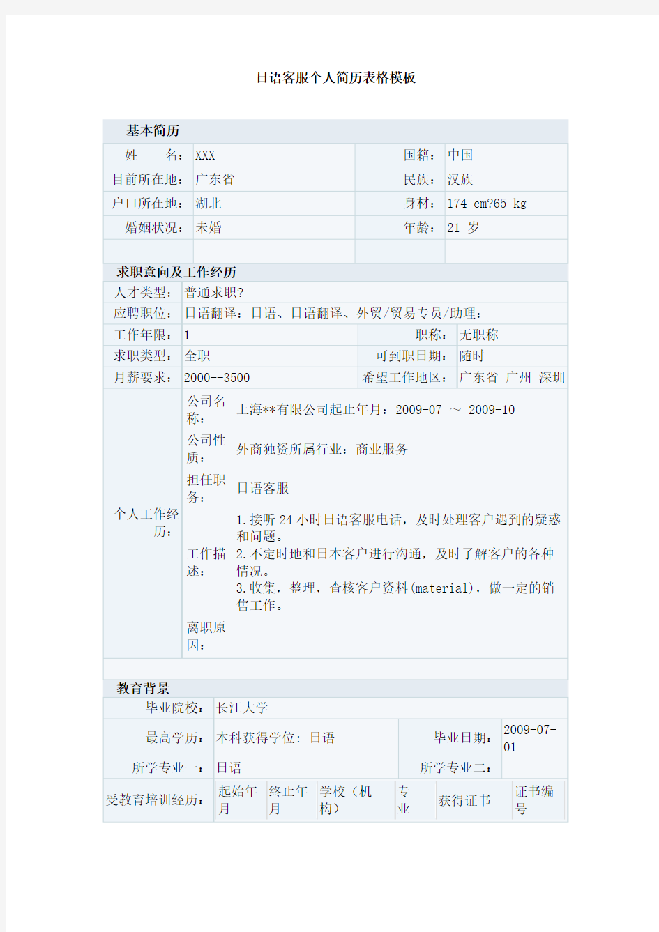 日语客服个人简历表格模板