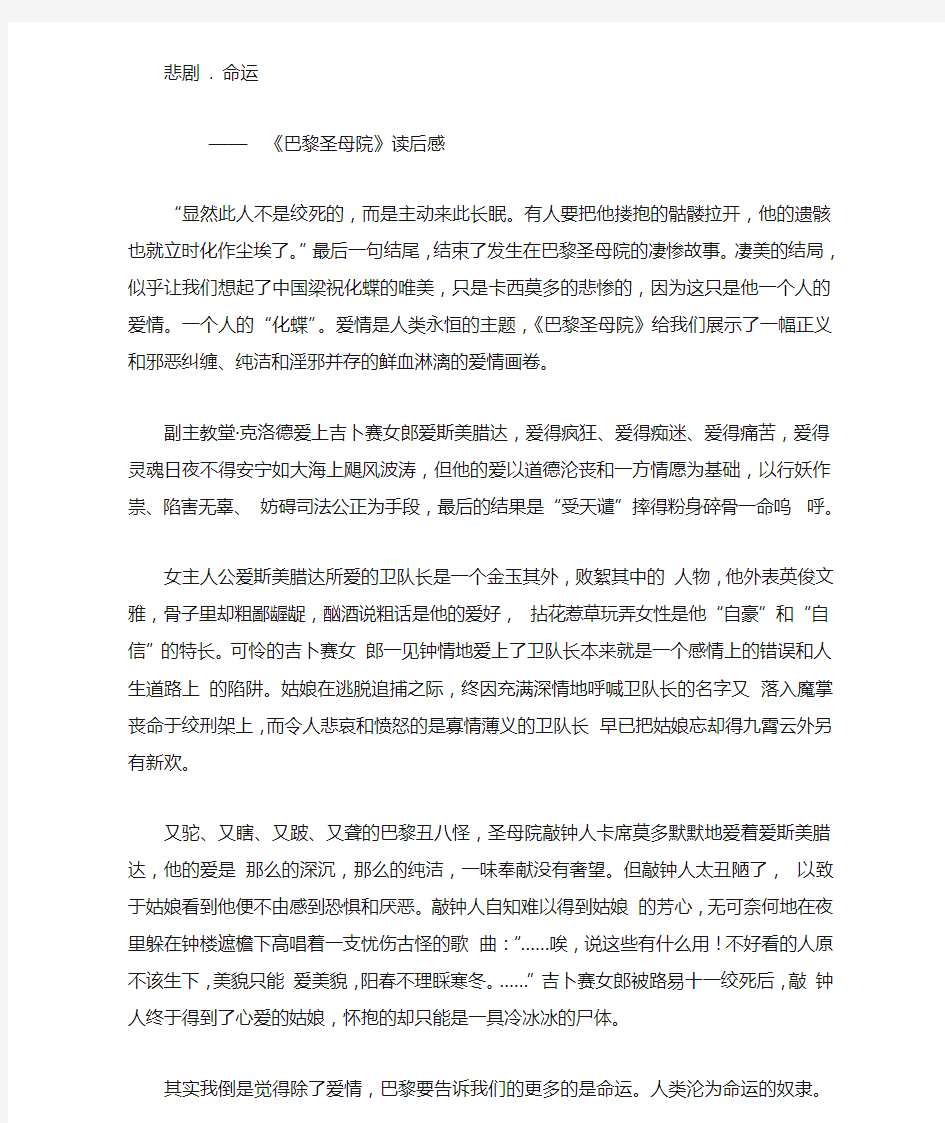 《巴黎圣母院》读后感 北民大汉语言文学专业作业