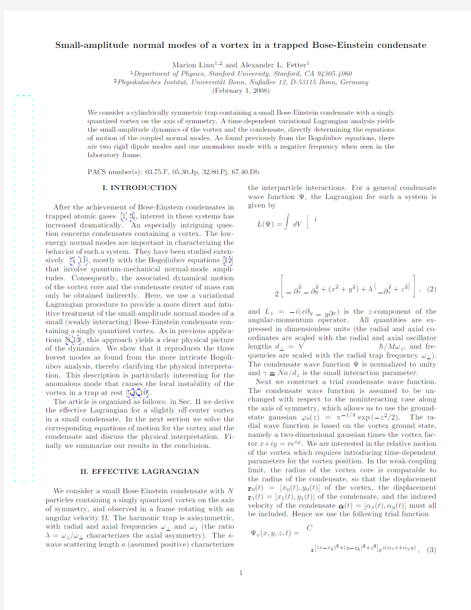 Small-amplitude normal modes of a vortex in a trapped Bose-Einstein condensate