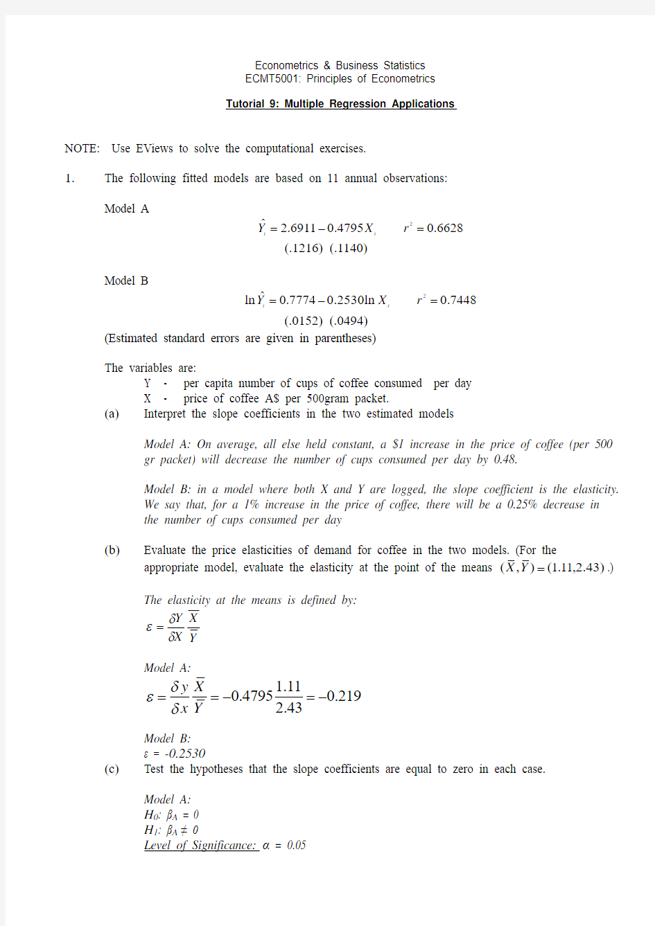 ECMT 5001 Year 2008 Semester 2_ECMT 5001 Solution Tutorial 9