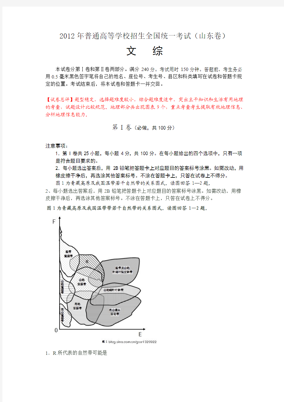 2012年高考文综(山东卷)及解析