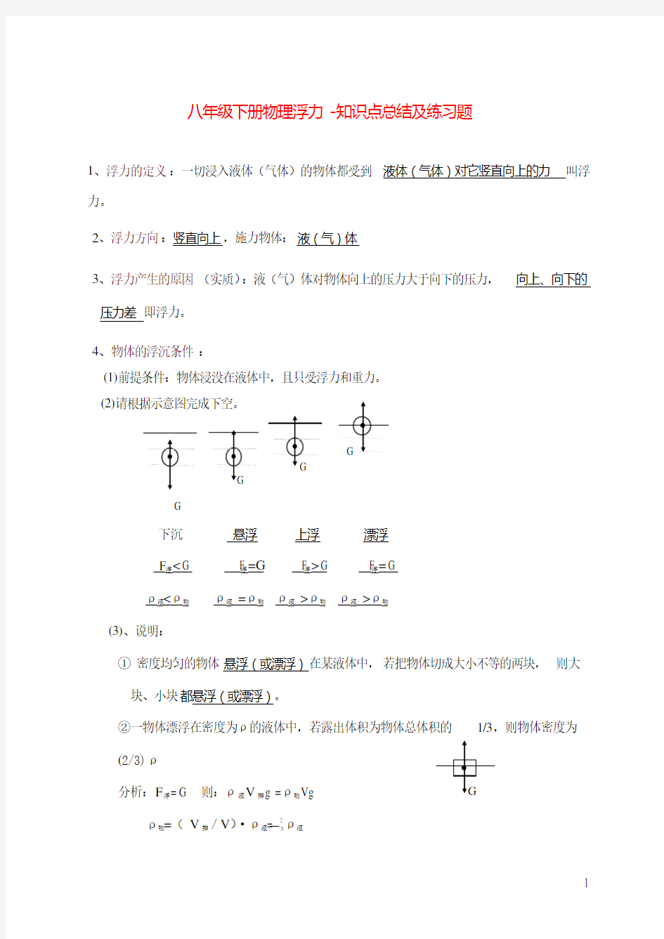 八年级下册物理浮力_知识点总结及练习题