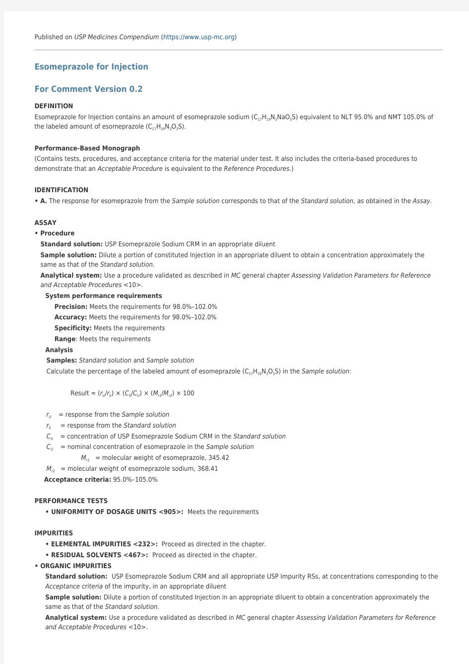 注射用埃索美拉唑钠最新标准USP-MC Esomeprazole for Injection  2012.07.24