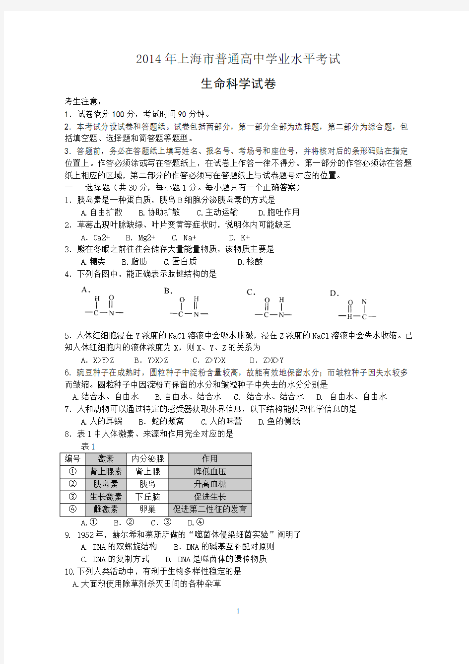 2014年上海市普通高中学业水平考试