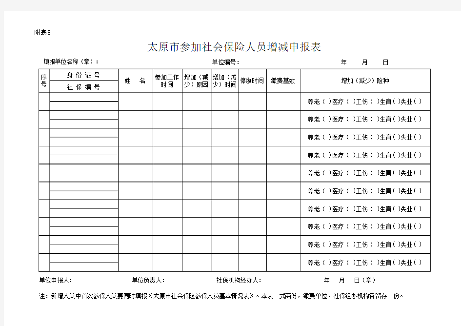 附表8太原市参加社会保险人员增减申报表