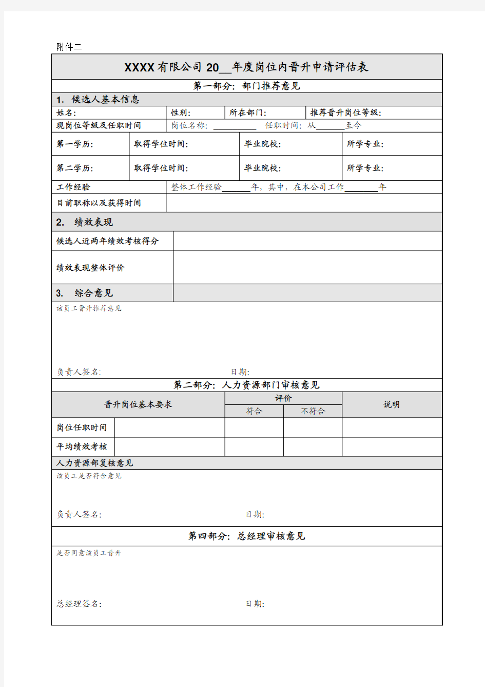 岗位内晋升推荐评估表