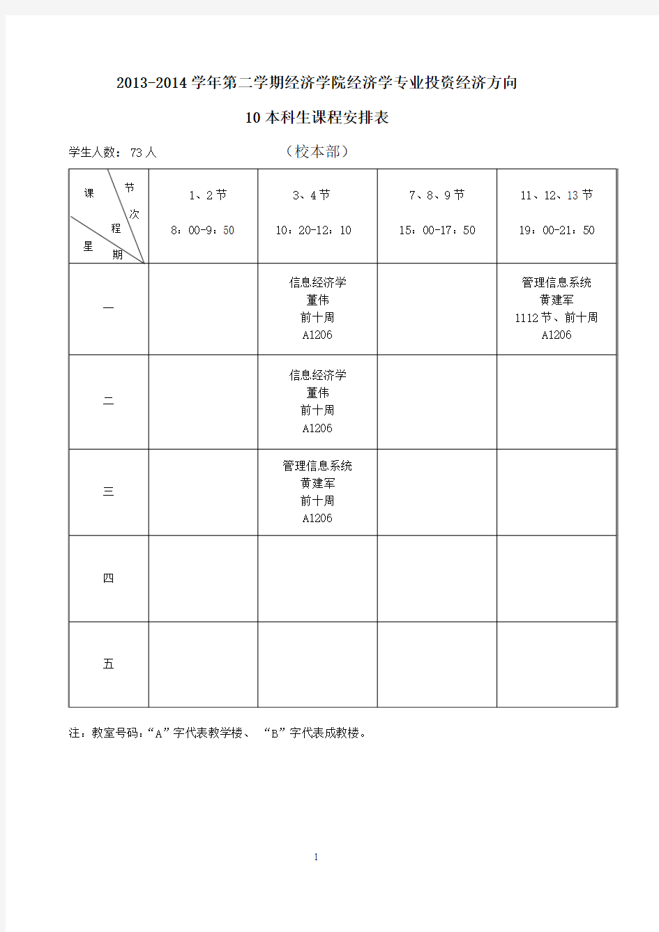 经院第二学期课程表