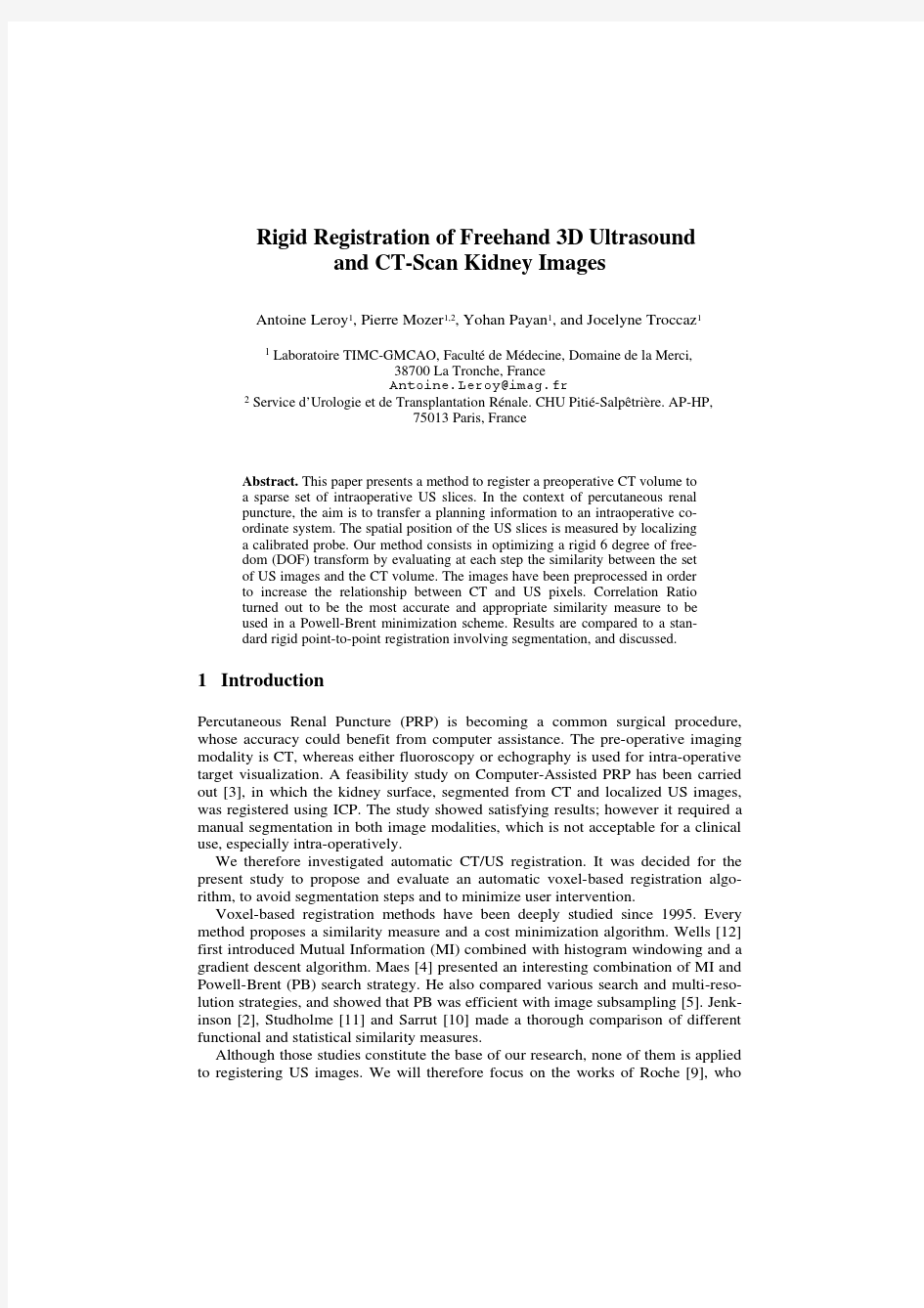 Rigid registration of freehand 3D ultrasound and CT-Scan kidney images