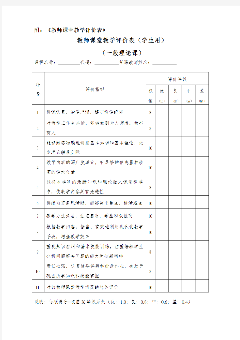 《教师课堂教学评价表》模版