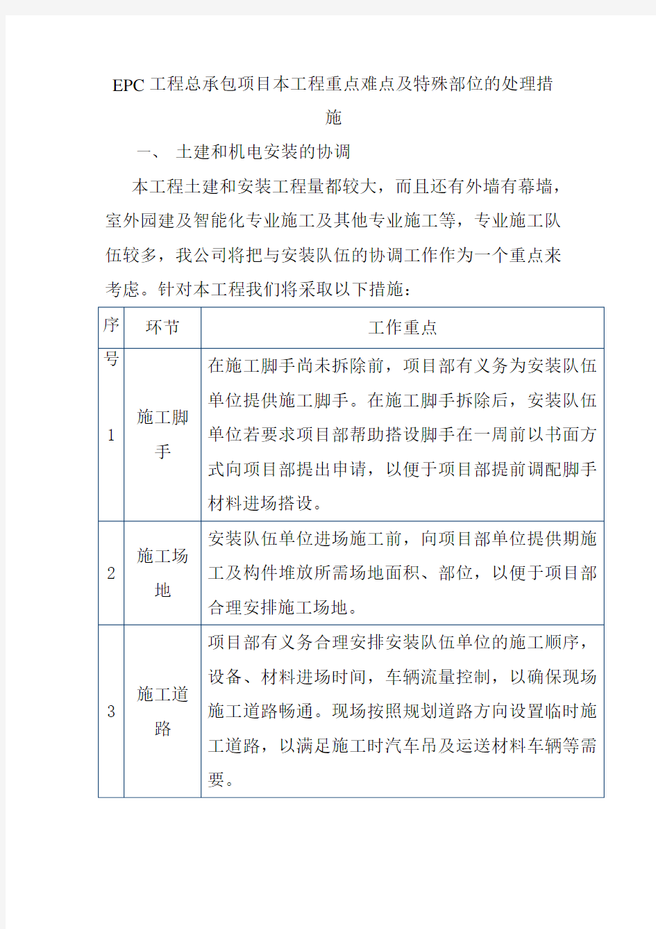 EPC工程总承包项目本工程重点难点及特殊部位的处理措施