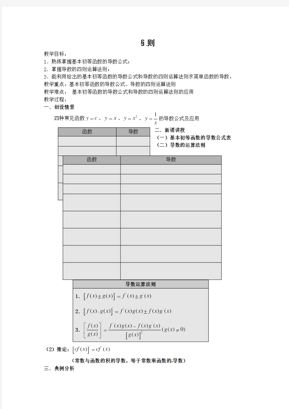 数学 基本初等函数的导数公式及导数的运算法则教案