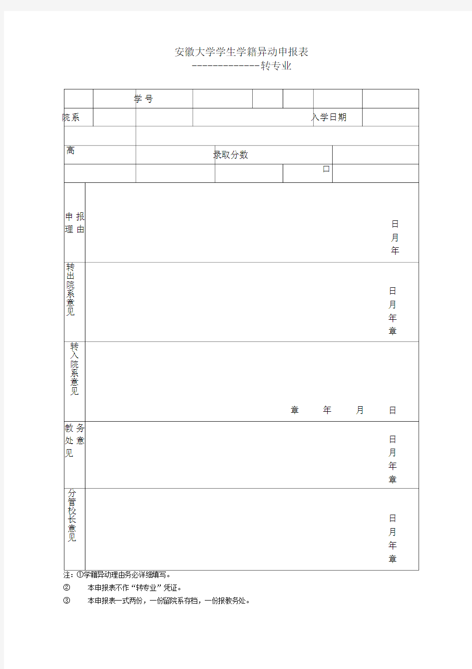 学生学籍异动申报表(转专业)