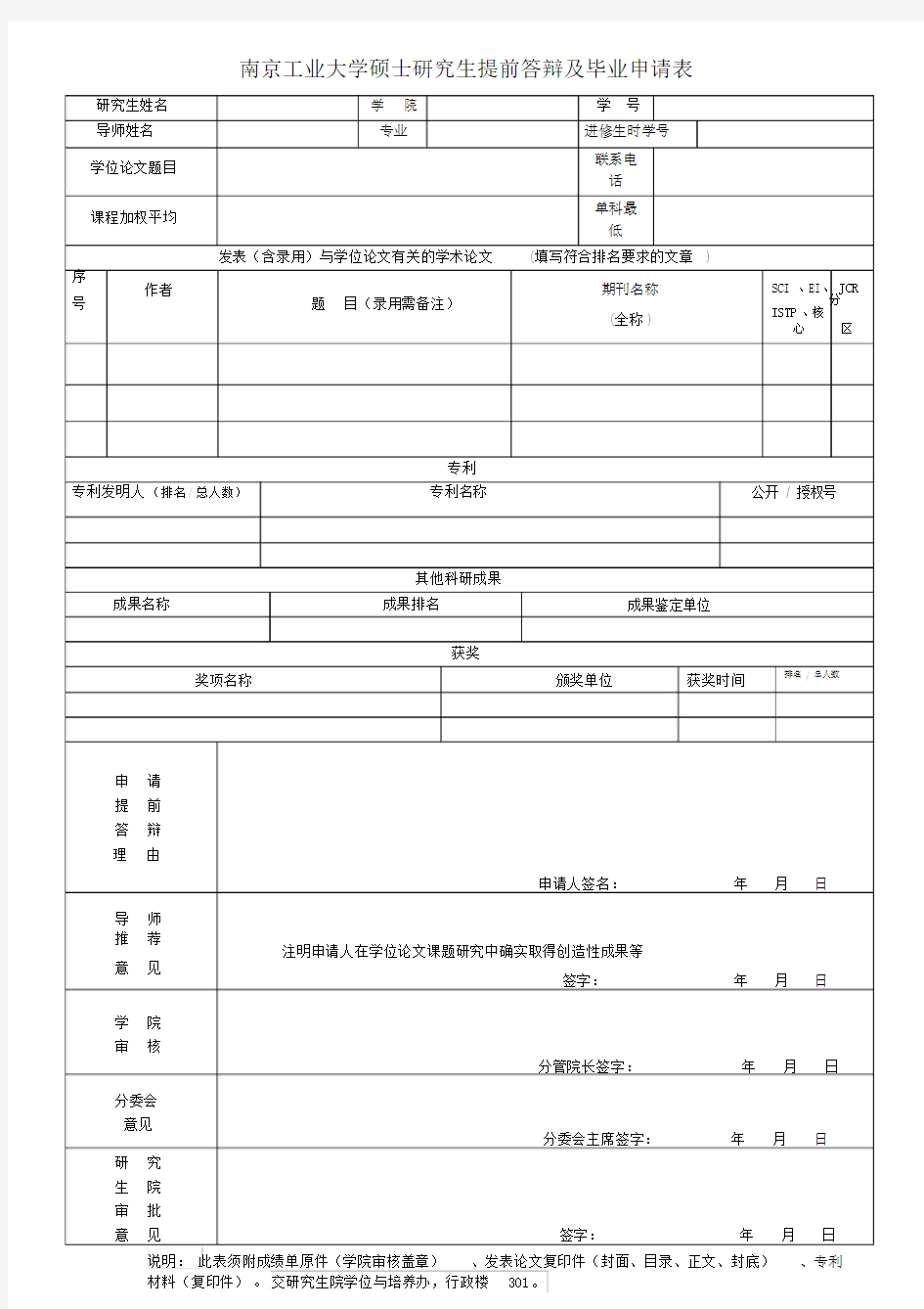 南京工业大学硕士研究生提前答辩及毕业申请表.doc