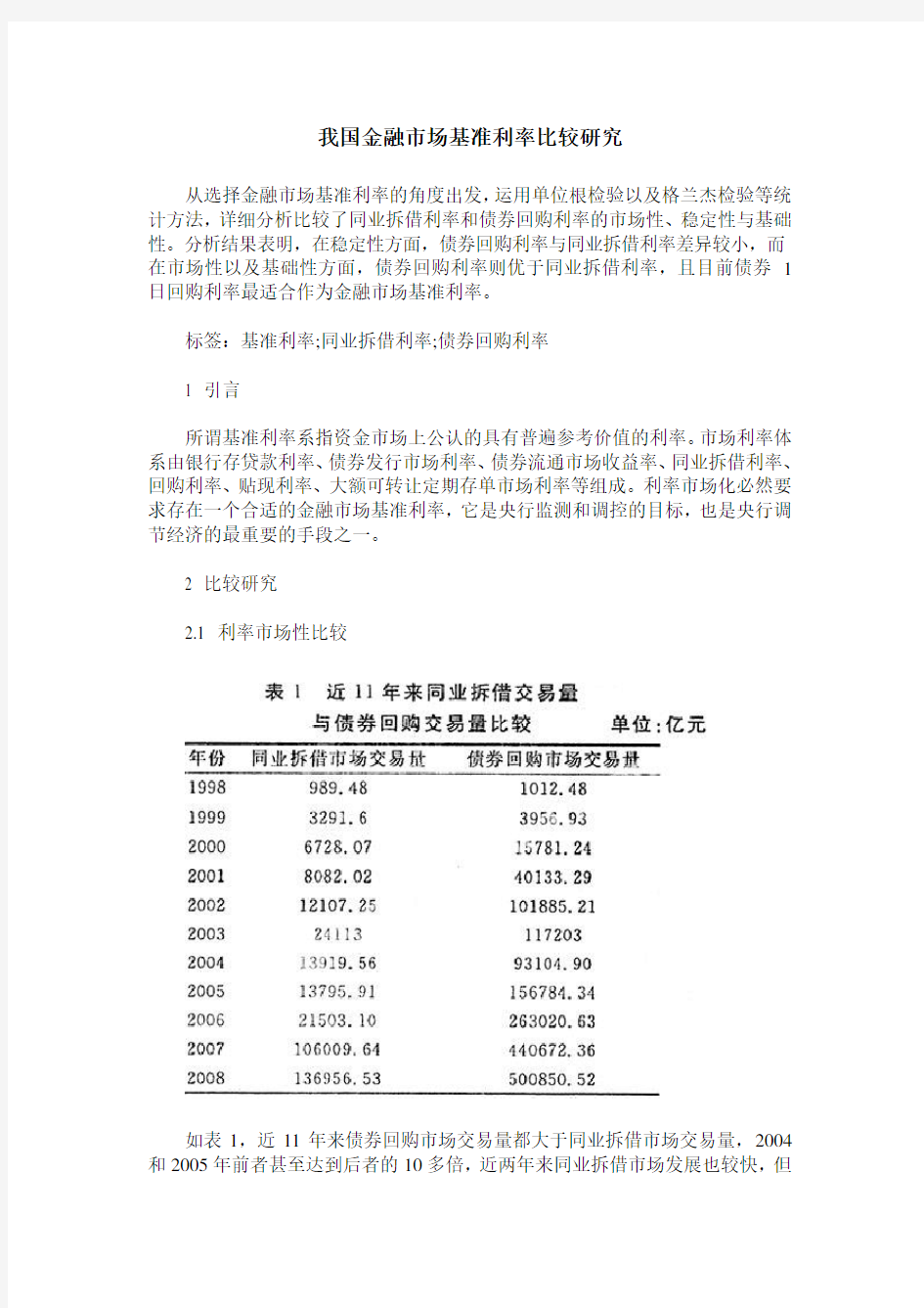 我国金融市场基准利率比较研究