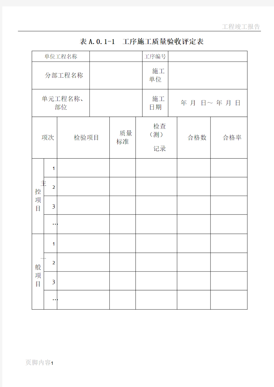 工序施工质量及单元工程施工质量验收评定表