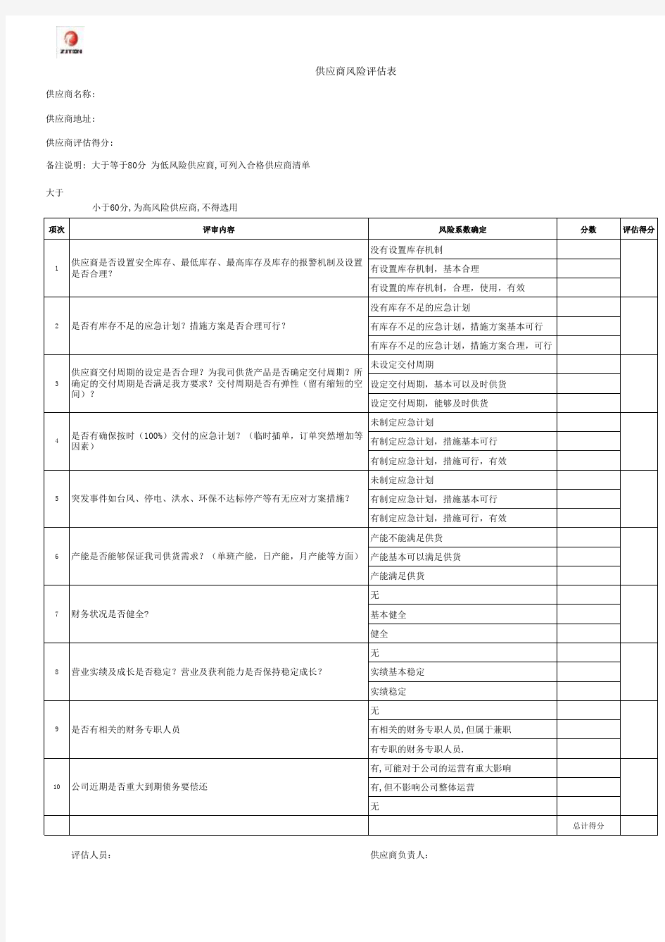 供应商风险评估表 