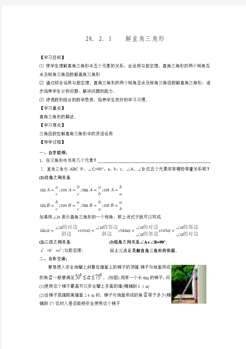 2016年春人教版九年级数学下册学练优教学参考导学案28.2.1解直角三角形.doc