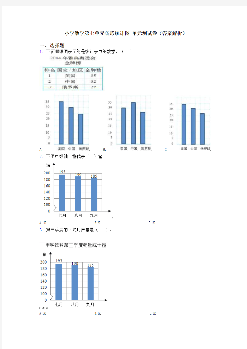 小学数学第七单元条形统计图 单元测试卷(答案解析)