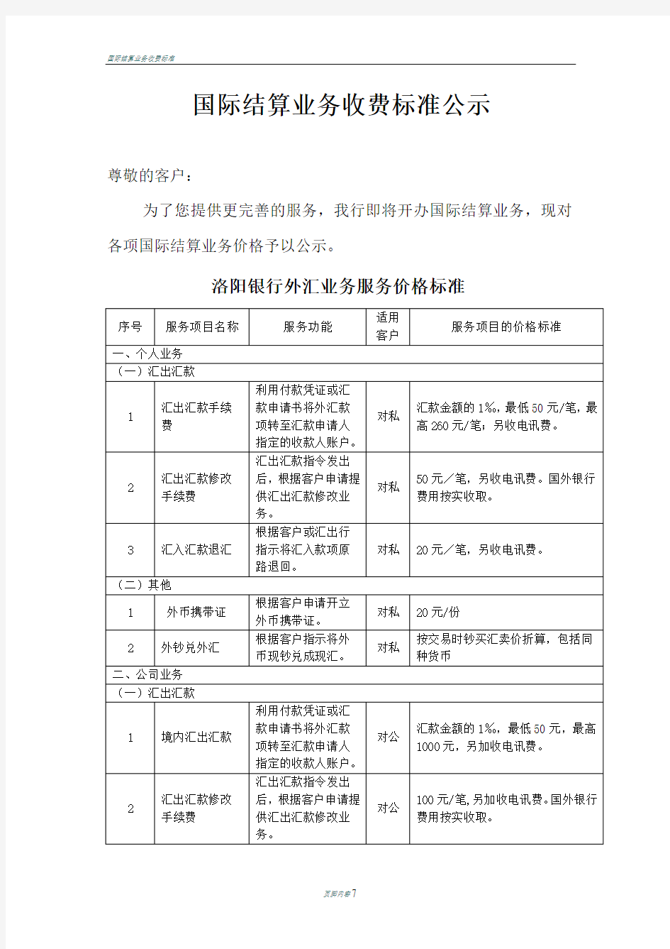 国际结算业务收费标准公示