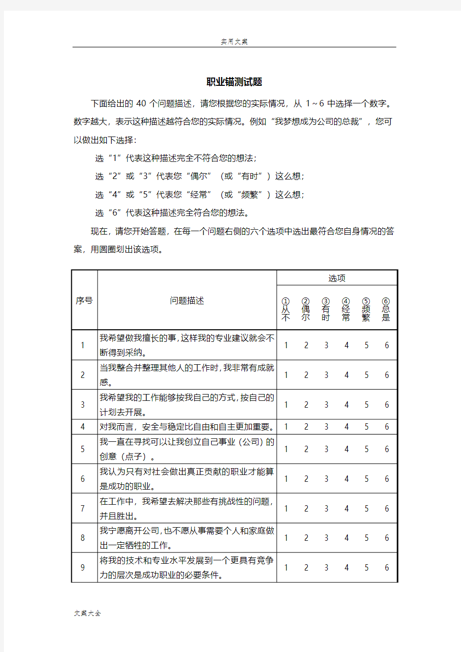 附录3施恩职业锚测试与解释