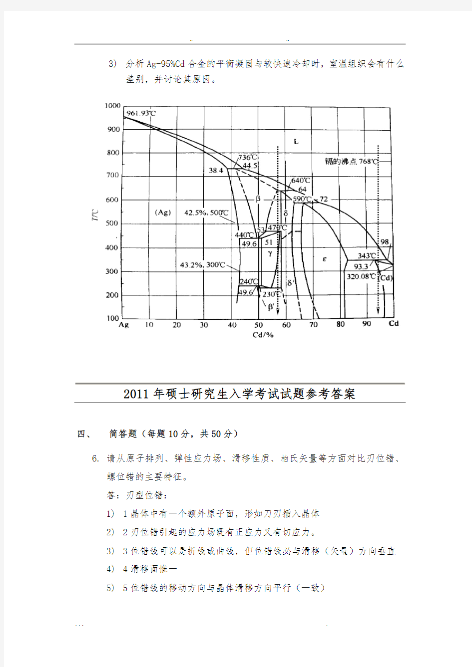 西工大材料科学基础考研试题