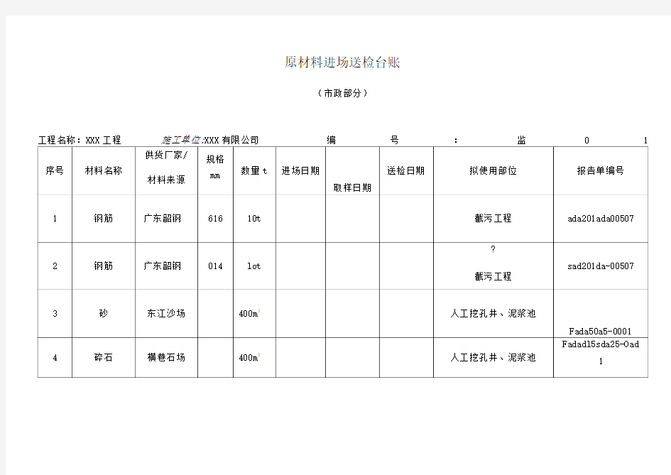 原材料进场送检台账