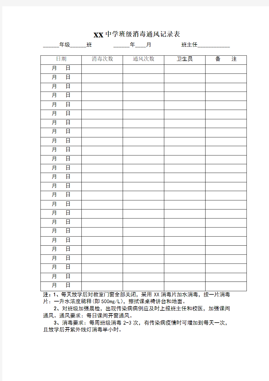 XX学校班级消毒通风记录表