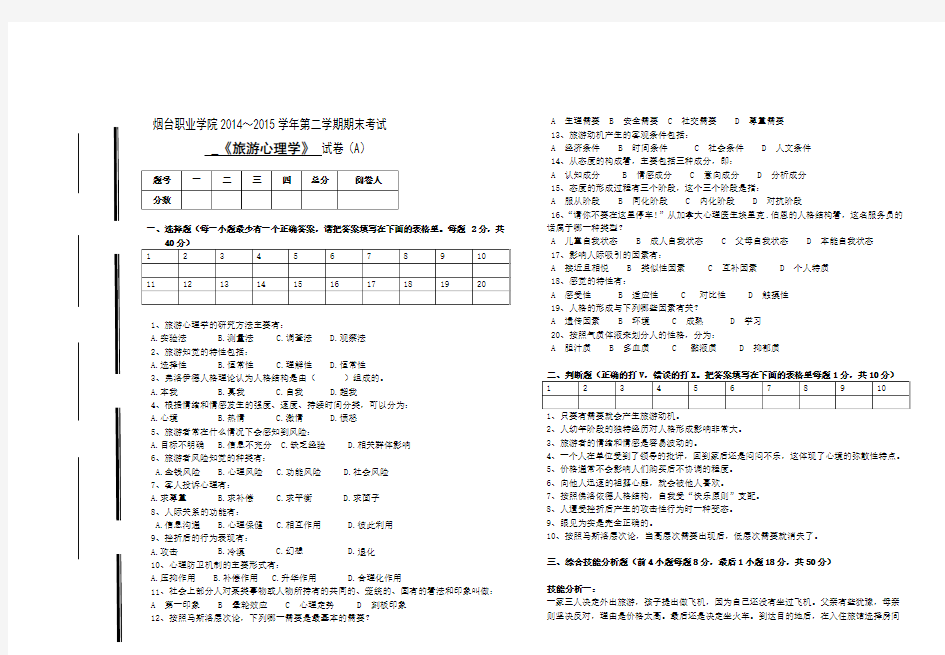 旅游心理学A卷试题及答案