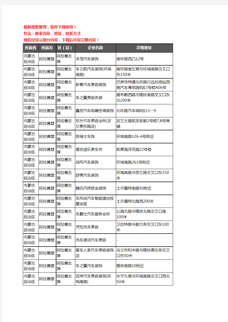 新版内蒙古自治区阿拉善盟阿拉善左旗汽车美容企业公司商家户名录单联系方式地址大全49家