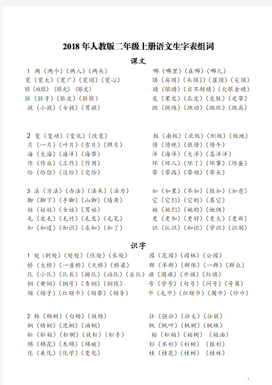 二年级上册生字组词