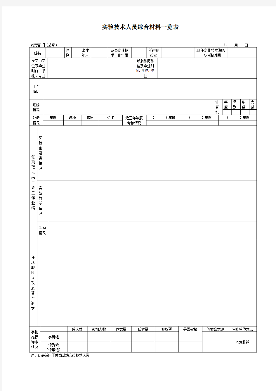 实验系列综合材料一览表(样表)