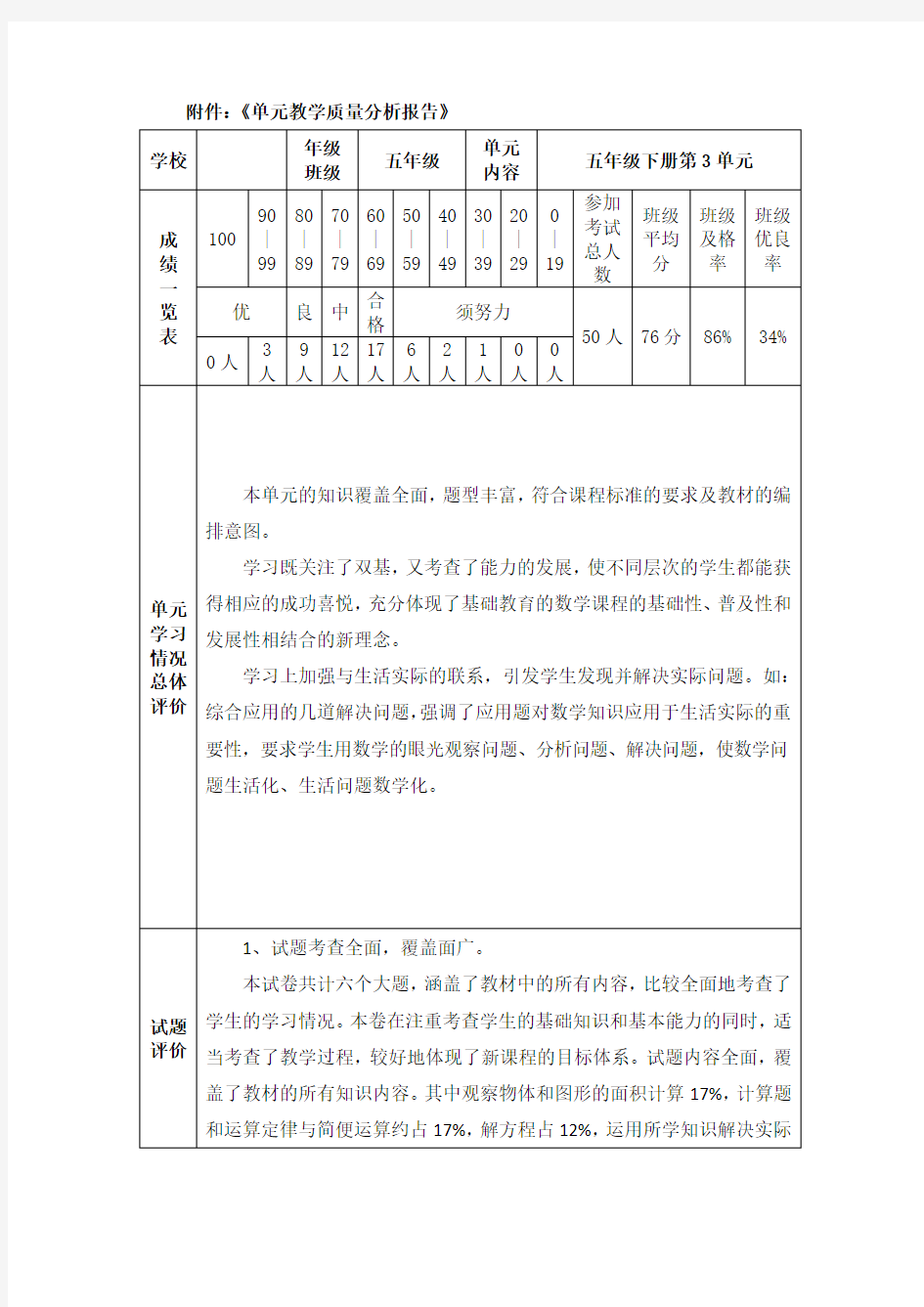 小学数学单元教学质量分析报告16