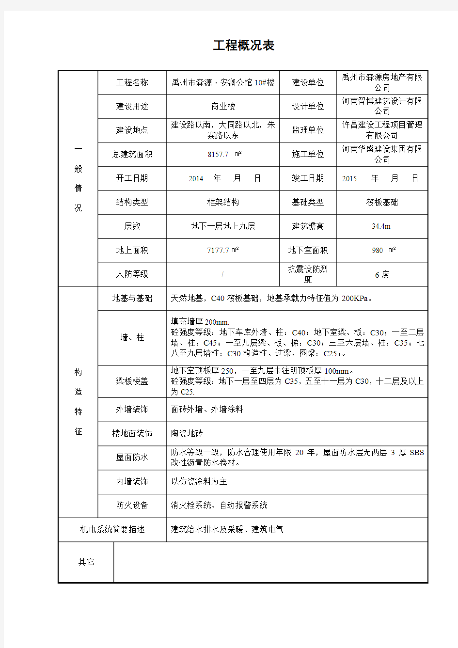 工程概况表